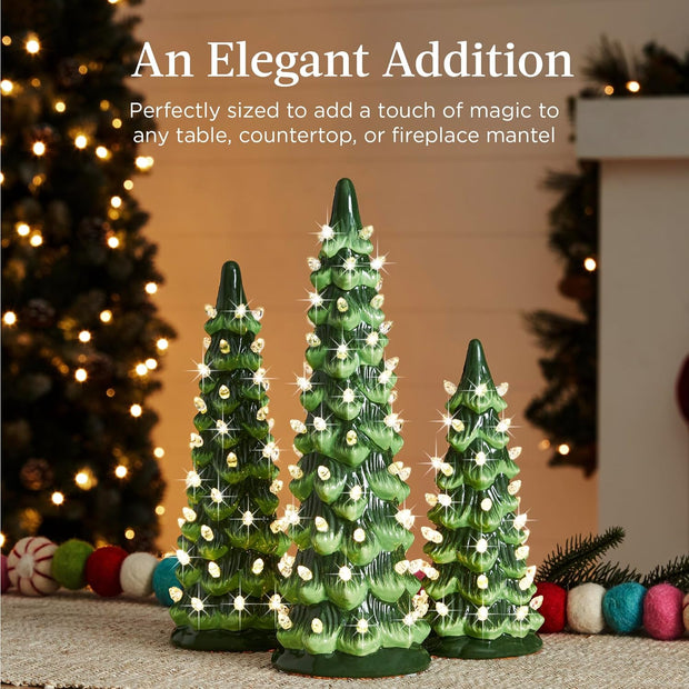 3-Piece Ceramic Christmas Tree Set – Pre-Lit Hand-Painted LED Desktop Decor