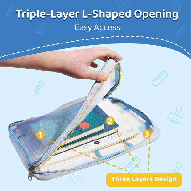 Zippered Mesh File Bag – Triple Layer L-Shaped Opening, A4 Size, with Label Area