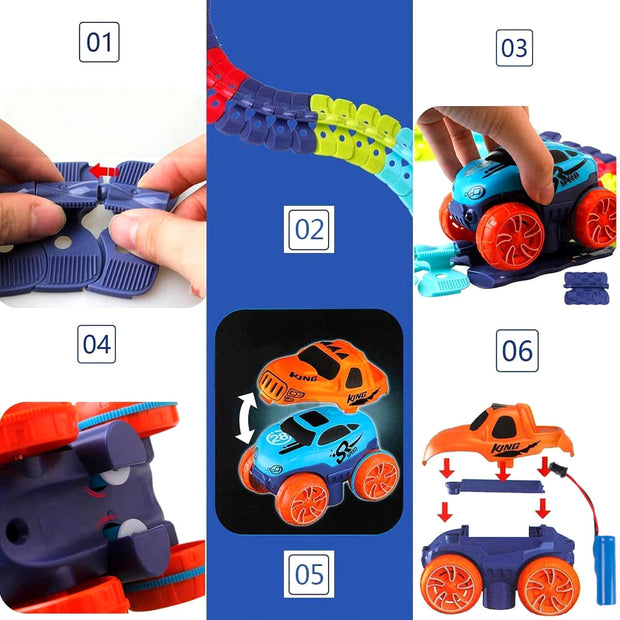 291PCS Flexible LED Race Track Set – 500cm Roller-Coaster Adventure with Interchangeable Car Bodies